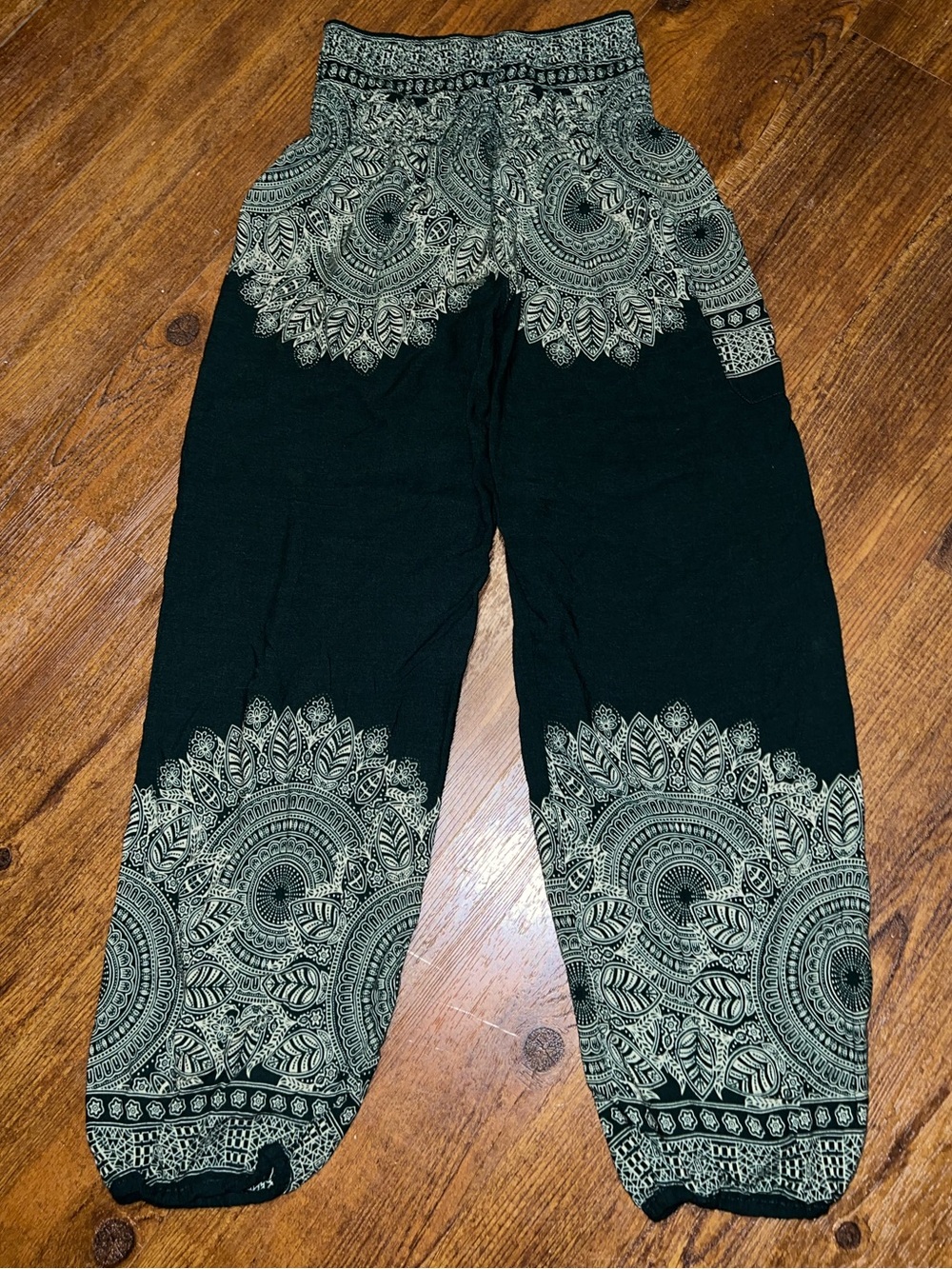 Boho Harem Pants Smocked Hippie Green Mandala Flowy Baggy Wide Leg One Size - Picture 5 of 8